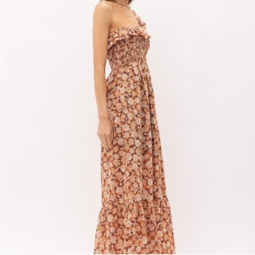 Sofie The Label Brown Floral One Shoulder Ruffle Boho Midi Dress Size Small - Picture 9 of 9
